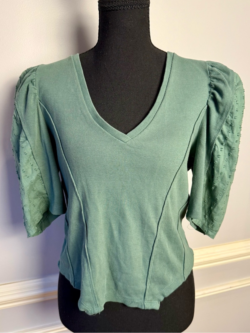 Anthropologie Green Ribbed Puff Sleeve Swiss Dot V Neck Top Size M